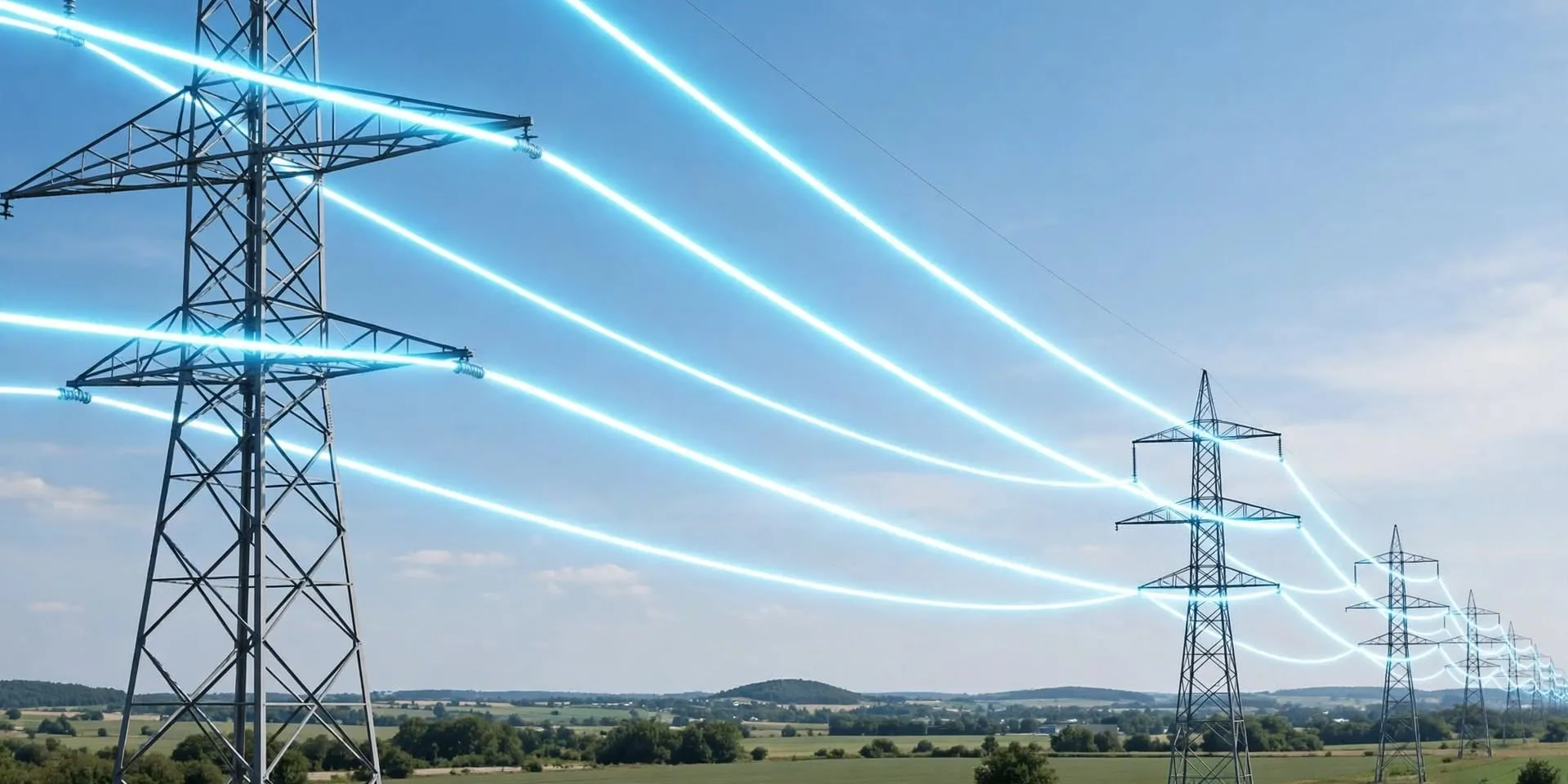 Transmission towers carrying power lines across green countryside