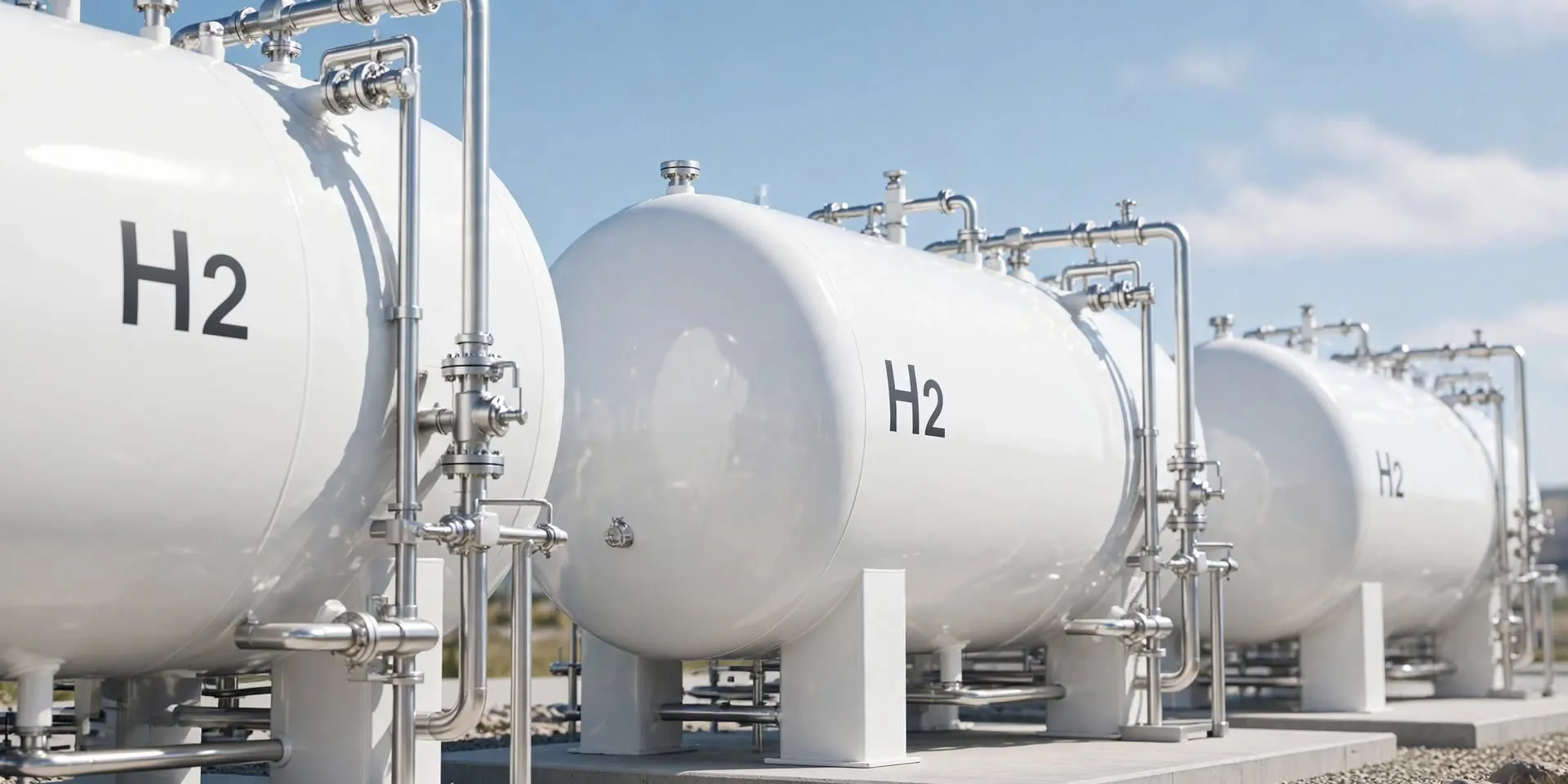 White hydrogen storage tanks marked H2 with steel pipework