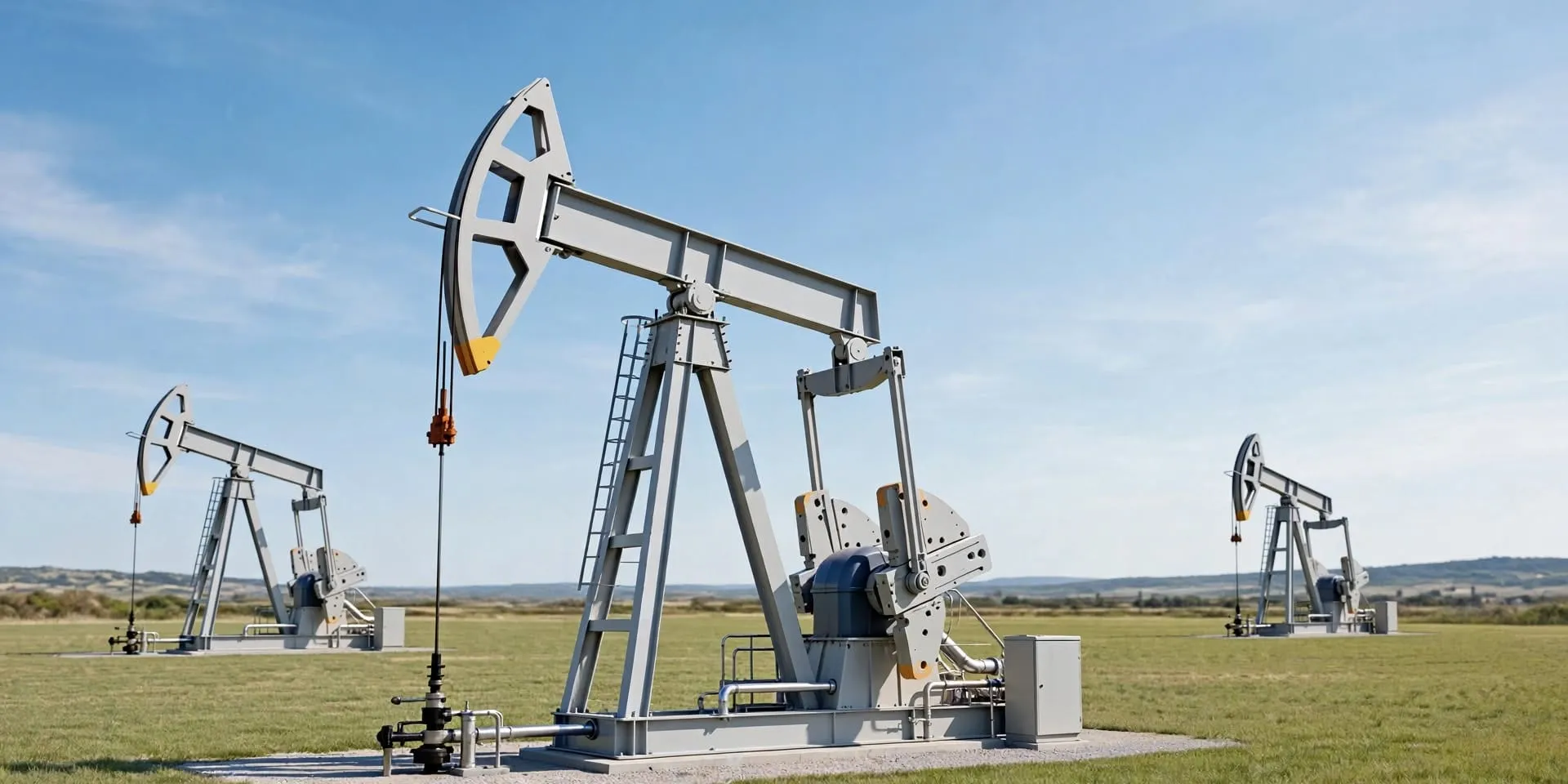 Pumpjacks on an open grass field under a blue sky