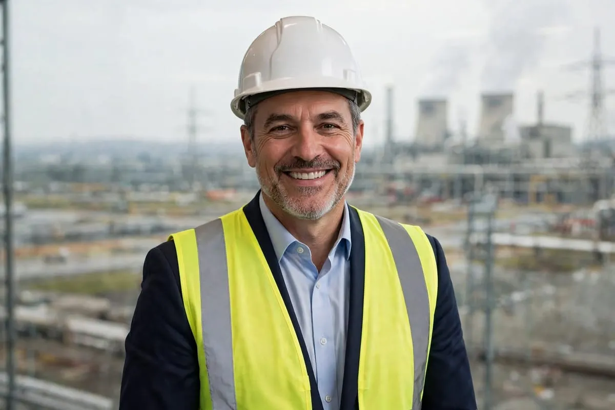 A smiling man in a hard hat and high-visibility vest in front of a power plant