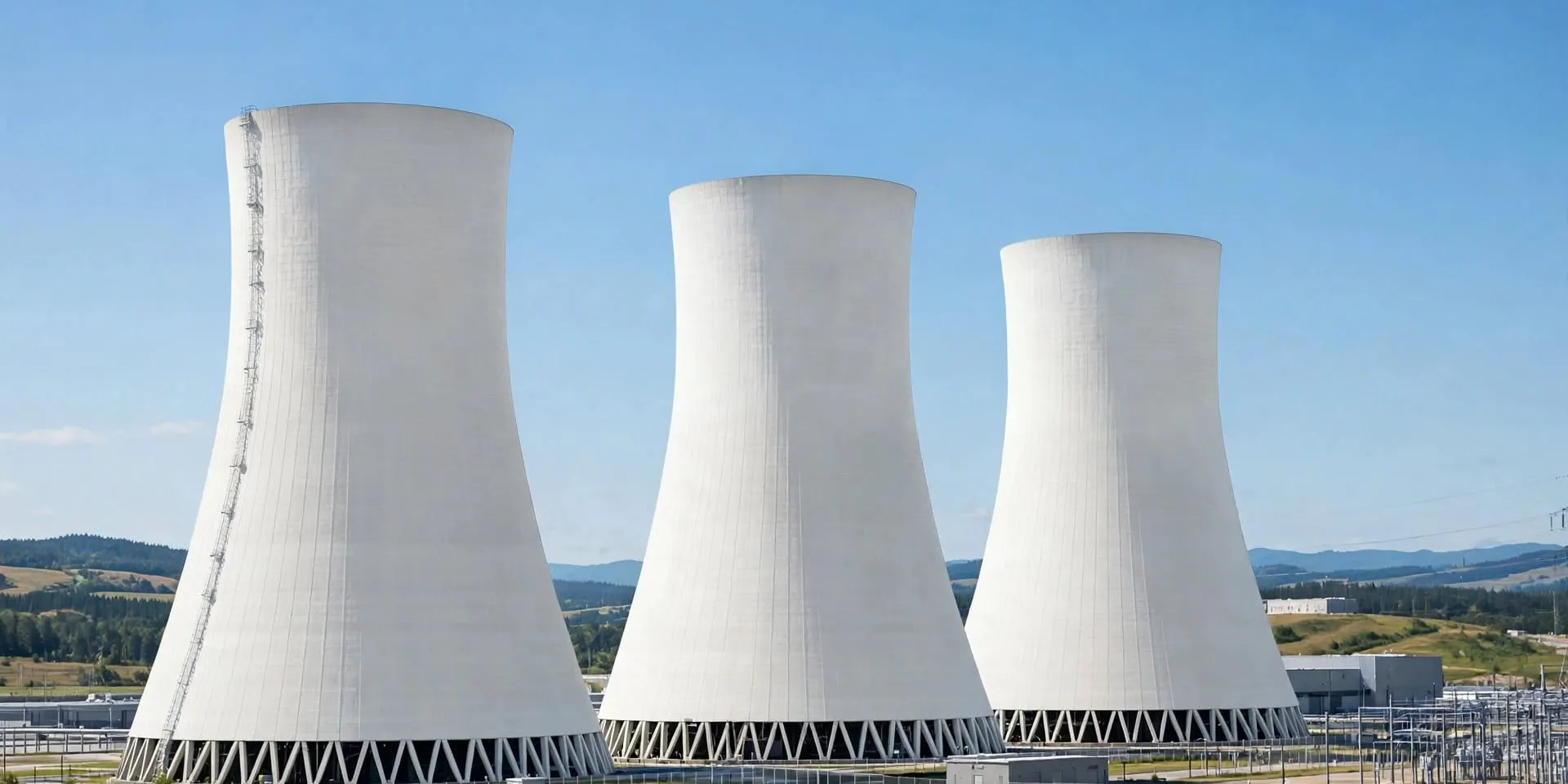 Three cooling towers of a power station above green fields