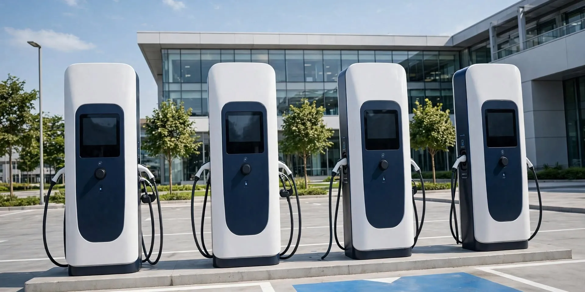Electric vehicle charging stations in front of a glass office building